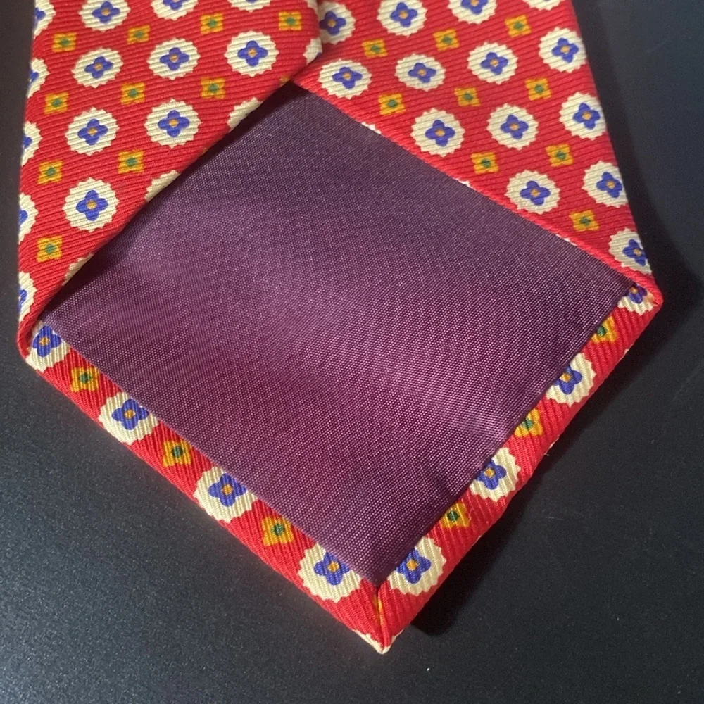 Polo Ralph Lauren Made by Hand Brocade Silk Tie Orange Red White Navy Geometric